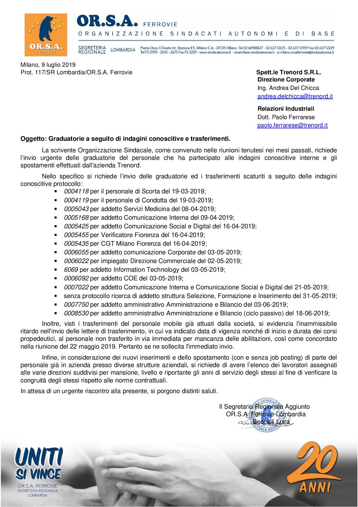 Prot. 117 SR Lombardia OR.S.A. Ferrovie Trenord Graduatorie e Trasferimenti page 001